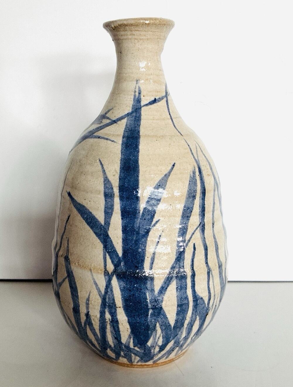 Vintage Blue Bamboo Hand Thrown Round Bottom Slender Neck Signed 1972 Pottery